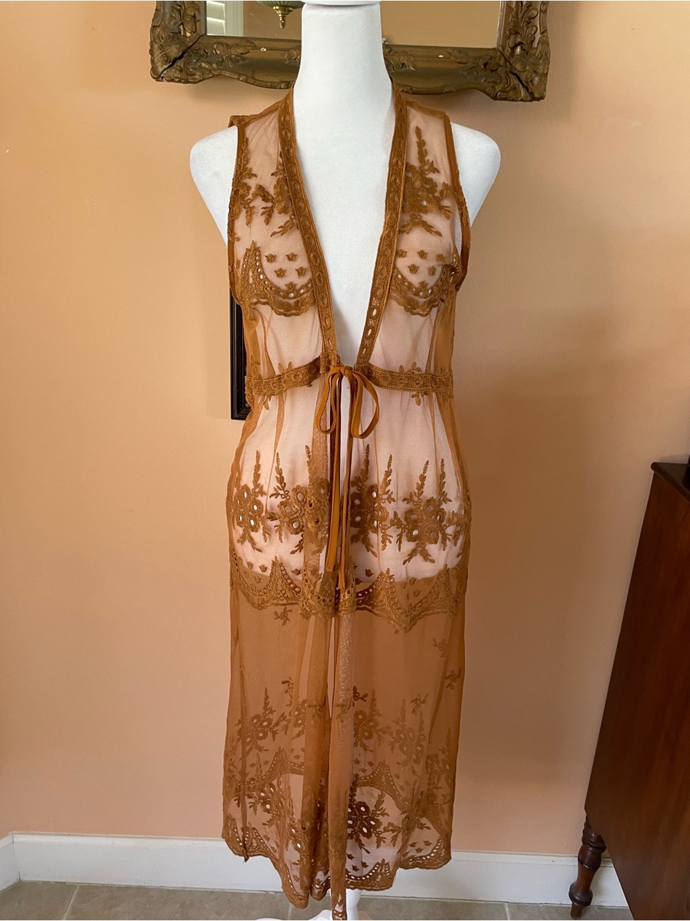 Sheer Embroidered Floral Tie Waist Open Front Gorgeous Midi Duster Sm